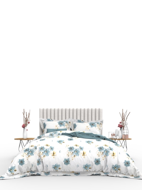 

THE WHITE MOSS White & Blue Floral 350 TC King Bedsheet with 2 Pillow Covers