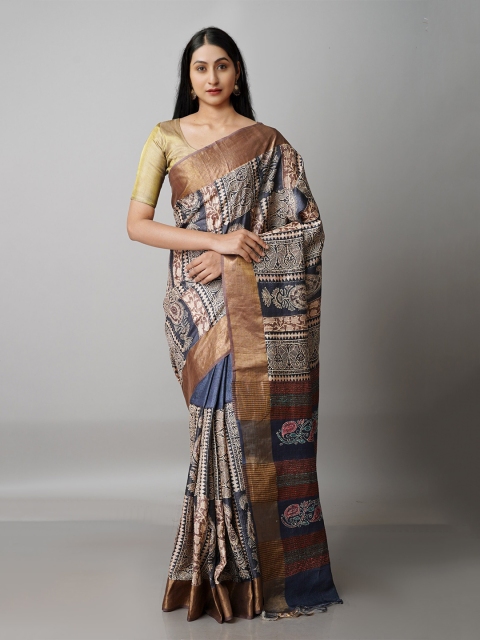 

Unnati Silks Grey & Blue Ethnic Motifs Zari Pure Silk Tussar Saree