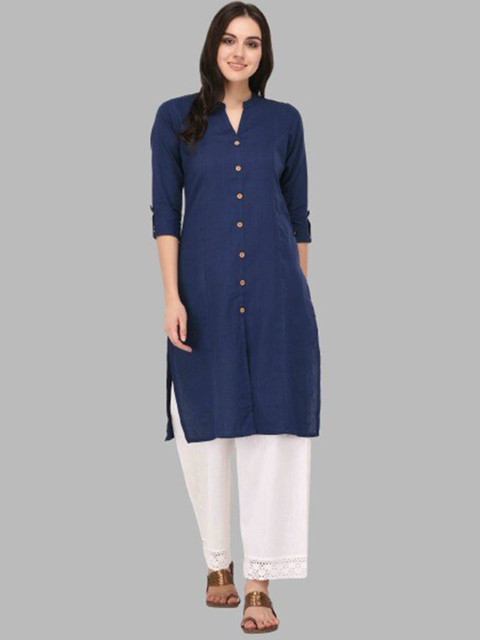 

Pistaa Women Navy Blue Solid Cotton A-Line Kurta