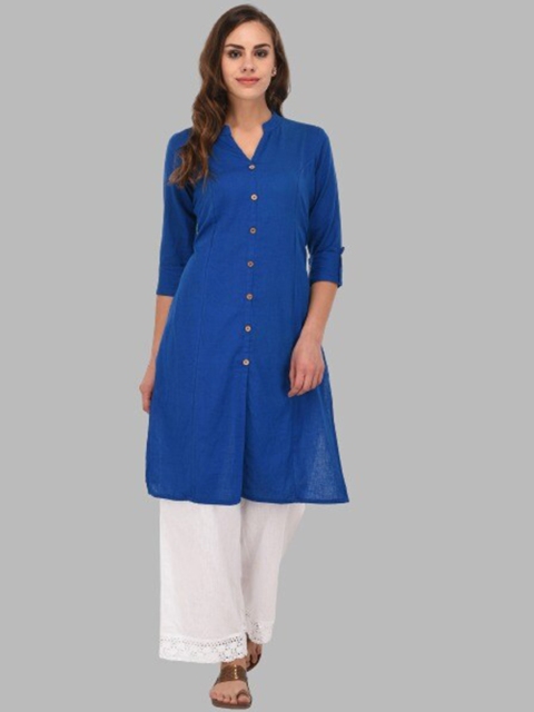 

Pistaa Women Blue Solid Cotton A-Line Kurta