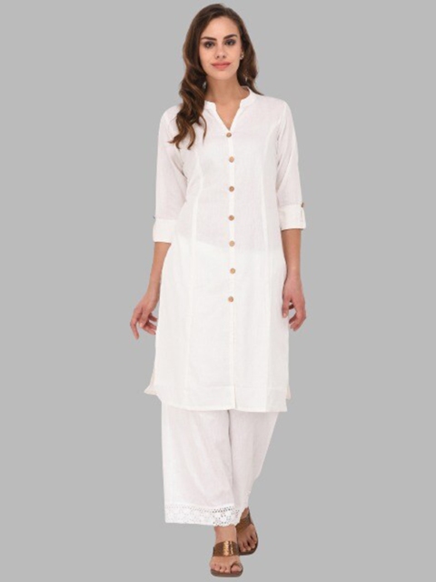 

Pistaa Women Off White Solid Cotton A-Line Kurta