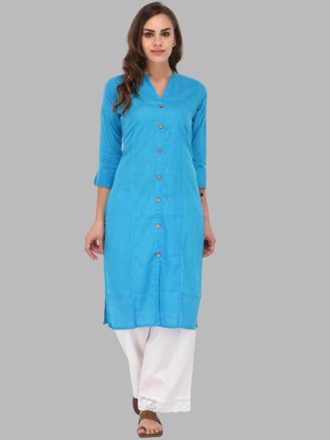 

Pistaa Women Turquoise Blue Solid Cotton A-Line Kurta