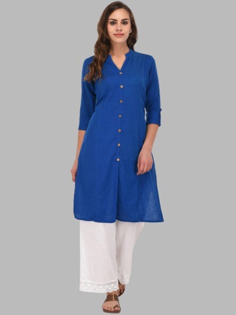 

Pistaa Women Blue Solid Cotton A-Line Kurta