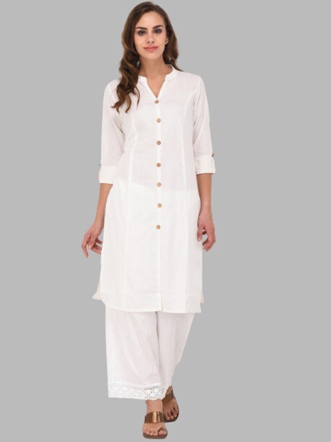 

Pistaa Women Off White Solid Cotton A-Line Kurta