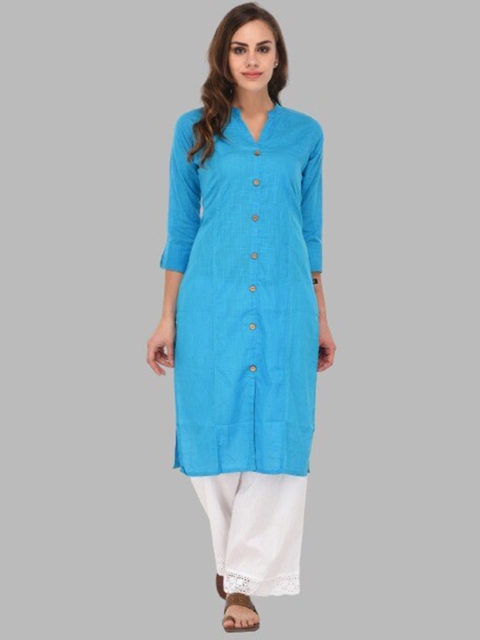 

Pistaa Women Turquoise Blue Solid Cotton A-Line Kurta