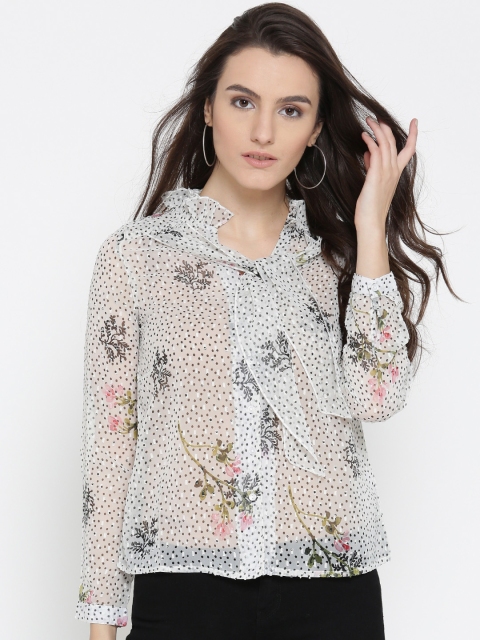 

DressBerry Women White Printed Sheer Shirt Style Top