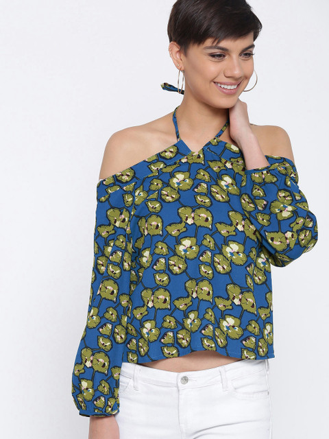 

DressBerry Women Blue & Olive Green Printed Halter-Neck Top