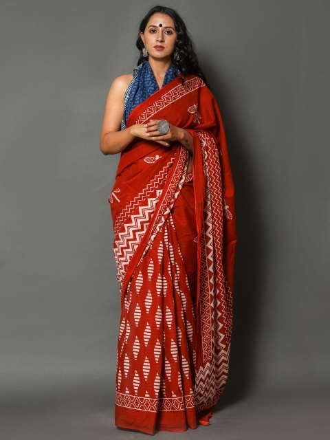 

BUTA BUTI Red & Blue Ethnic Motifs Pure Cotton Ready to Wear Saree