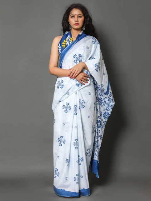 

BUTA BUTI Blue & White Floral Pure Cotton Ready to Wear Saree