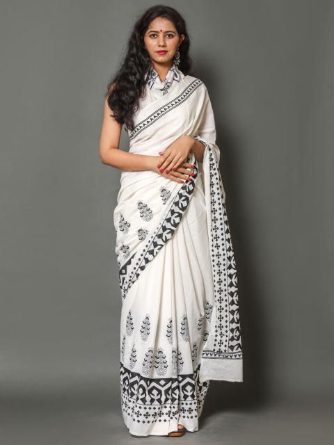 

BUTA BUTI White & Black Floral Pure Cotton Ready to Wear Saree