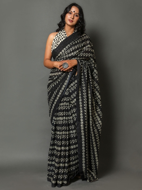 

BUTA BUTI Black & White Paisley Pure Cotton Ready to Wear Saree