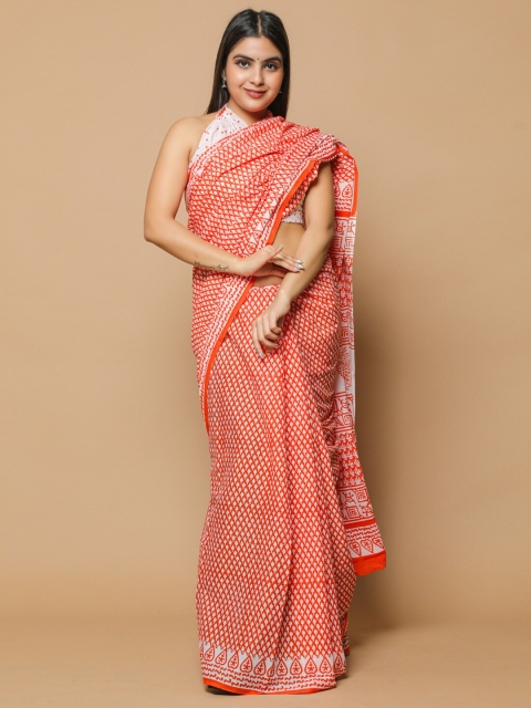 

BUTA BUTI Orange & White Ethnic Motifs Printed Pure Cotton Saree