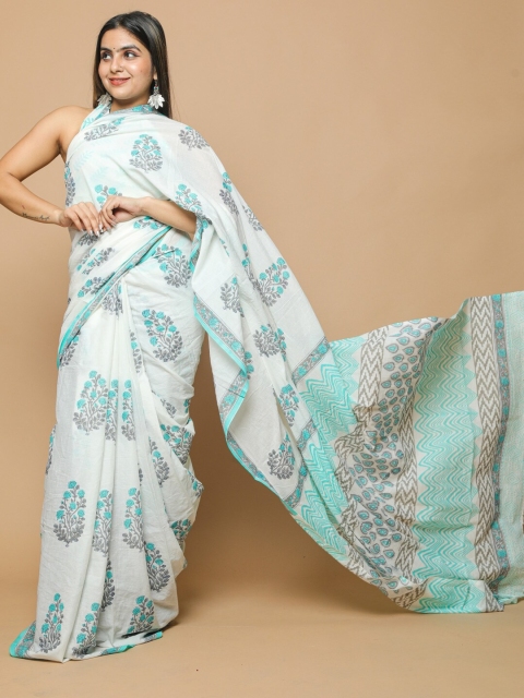 

BUTA BUTI White & Blue Floral Pure Cotton Ready to Wear Saree