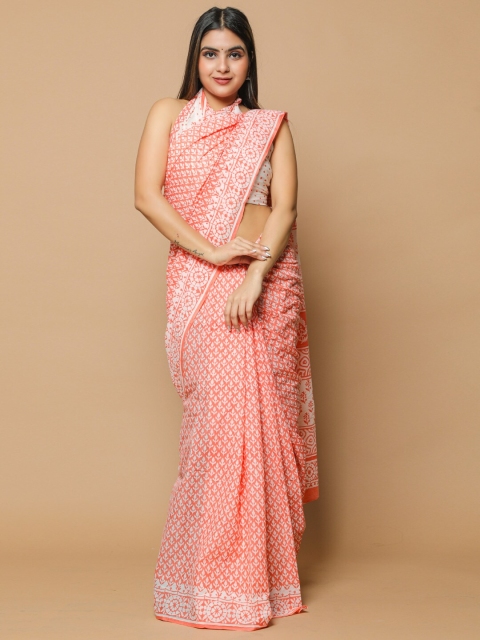 

BUTA BUTI Peach-Coloured & White Floral Pure Cotton Ready to Wear Saree