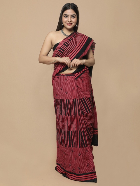 

BUTA BUTI Maroon & Black Striped Pure Cotton Ready to Wear Saree