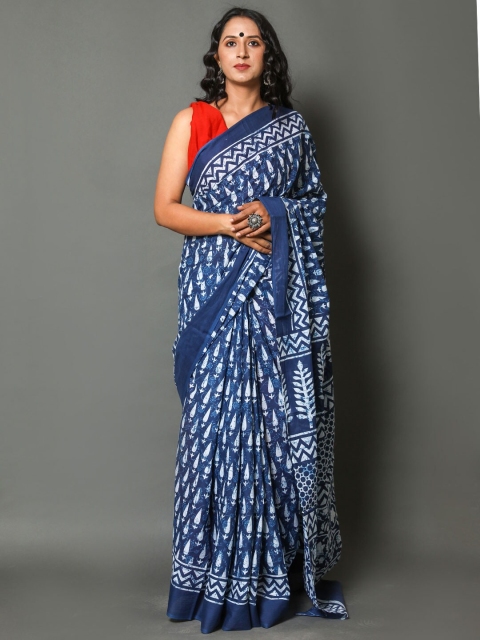 

BUTA BUTI Blue & White Ethnic Motifs Pure Cotton Ready to Wear Saree