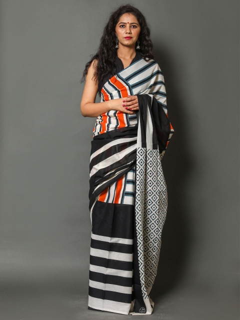 

BUTA BUTI Black & White Striped Pure Cotton Ready to Wear Saree