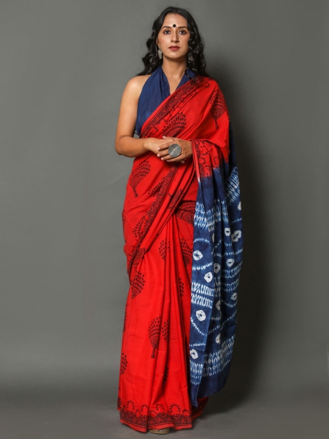 

BUTA BUTI Red & Blue Floral Pure Cotton Ready to Wear Saree