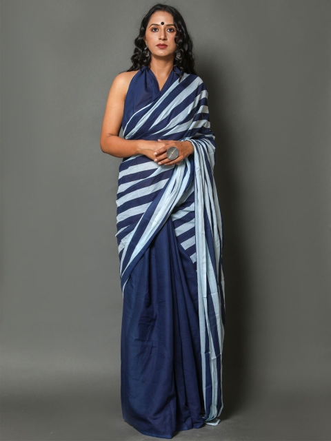 

BUTA BUTI Blue & White Striped Pure Cotton Ready to Wear Saree