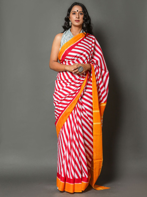 

BUTA BUTI Pink & Orange Striped Pure Cotton Ready to Wear Saree