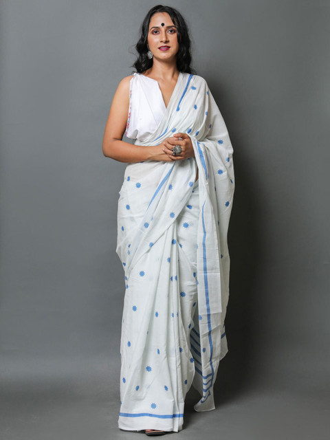 

BUTA BUTI White & Blue Floral Pure Cotton Ready to Wear Saree