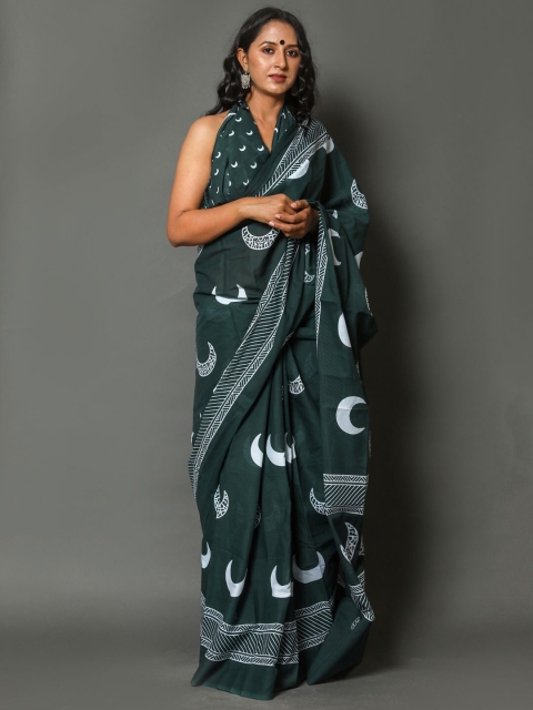 

BUTA BUTI Green & White Geometric Printed Pure Cotton Saree