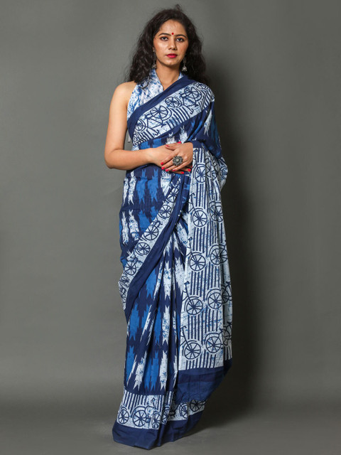 

BUTA BUTI Blue & White Abstract Printed Pure Cotton Saree