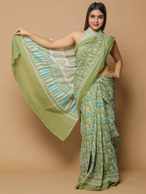 

BUTA BUTI Green & Blue Ethnic Motifs Printed Pure Cotton Saree