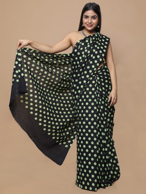 

BUTA BUTI Black & Green Polka Dots Printed Pure Cotton Saree