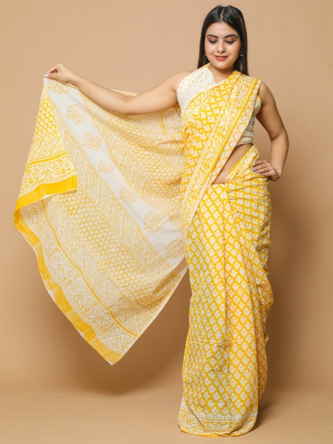 

BUTA BUTI Yellow & White Floral Printed Pure Cotton Saree