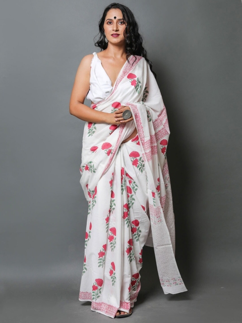 

BUTA BUTI White & Pink Floral Printed Pure Cotton Saree