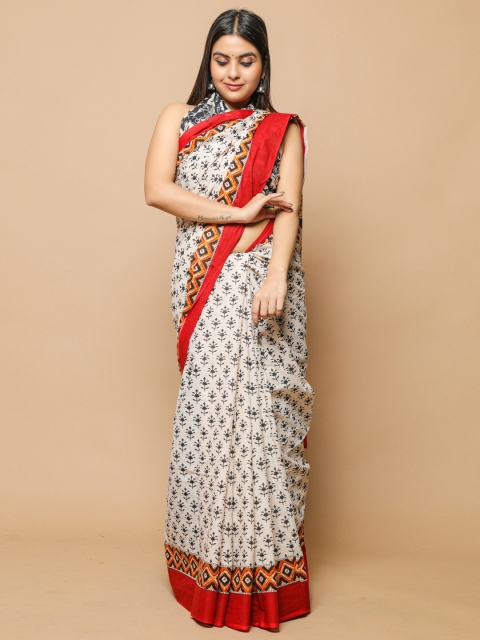 

BUTA BUTI Off White & Red Ethnic Motifs Printed Pure Cotton Saree