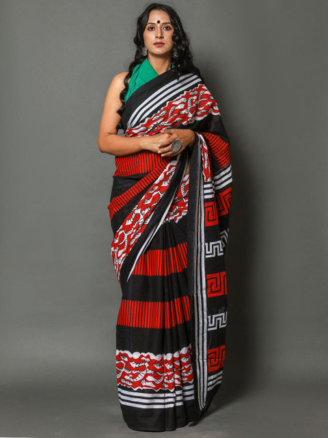 

BUTA BUTI Black & Red Striped Pure Cotton Saree