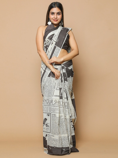 

BUTA BUTI Off White & Grey Typography Printed Pure Cotton Saree