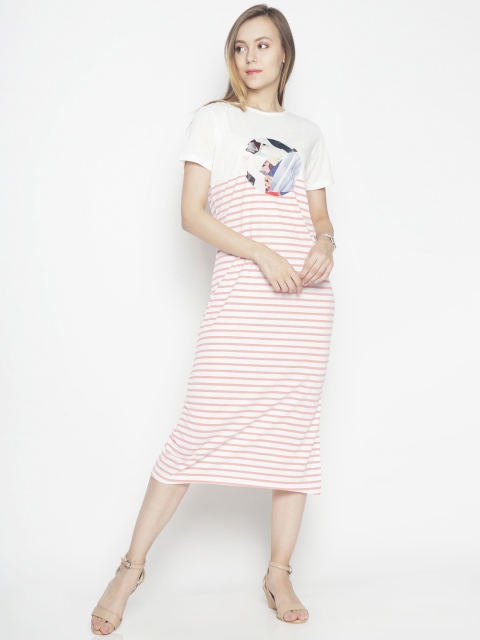 

Voi Jeans Women White & Coral Pink Striped A-Line Midi Dress