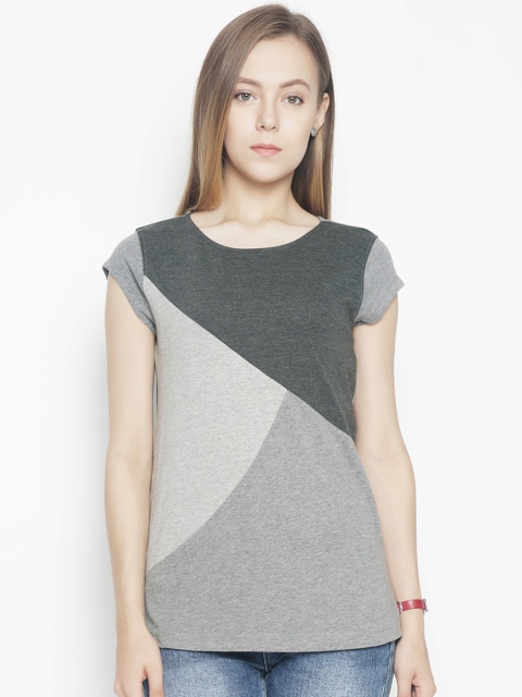 Voi Jeans Women Grey Colourblocked Round Neck T-shirt