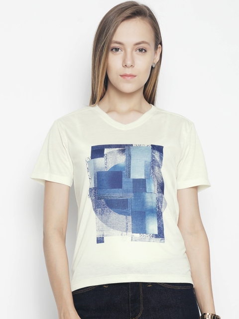 

Voi Jeans Women Yellow and Blue Printed Round Neck T-shirt