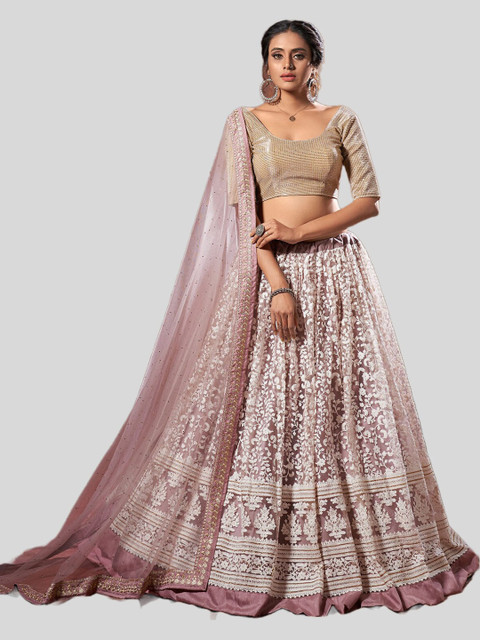 

DRESSTIVE Purple & White Embroidered Lehenga & Unstitched Blouse With Dupatta