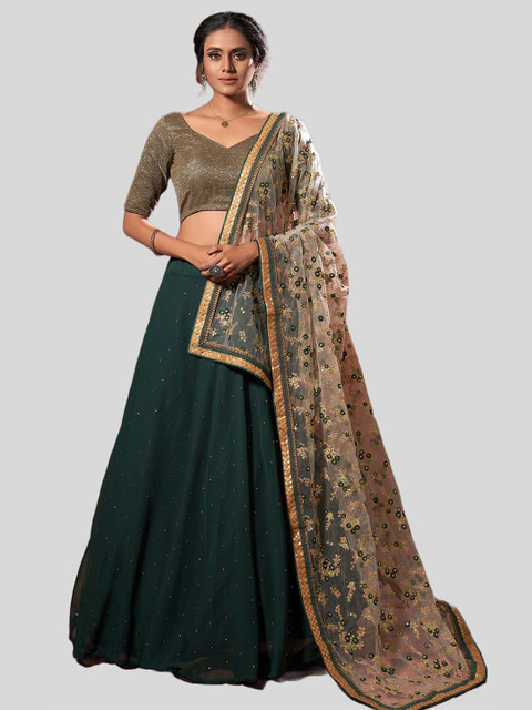 

DRESSTIVE Green & Gold-Toned Embellished Semi-Stitched Lehenga & Blouse With Dupatta