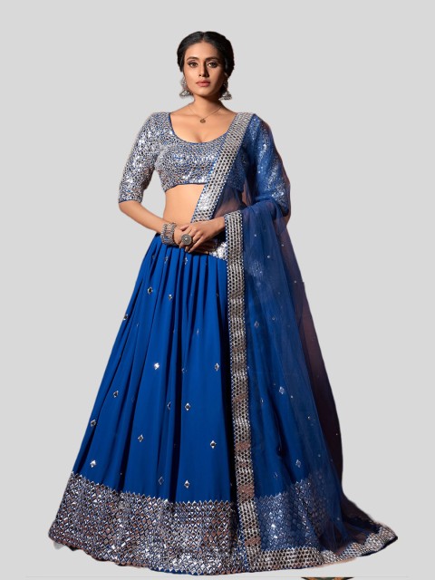 

DRESSTIVE Blue & Silver-Toned Mirror Work Semi-Stitched Lehenga Blouse With Dupatta