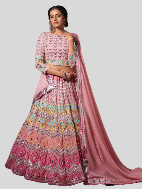 

DRESSTIVE Peach-Coloured & Green Mirror Work Semi-Stitched Lehenga & Blouse With Dupatta