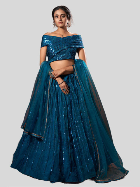 

DRESSTIVE Teal & Gold-Toned Embroidered Semi-Stitched Lehenga & Blouse With Dupatta