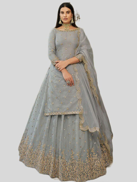 

DRESSTIVE Grey & Gold-Toned Embroidered Semi-Stitched Lehenga & Blouse With Dupatta