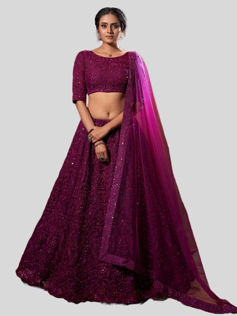 

DRESSTIVE Burgundy Embroidered Thread Work Lehenga & Unstitched Blouse With Dupatta