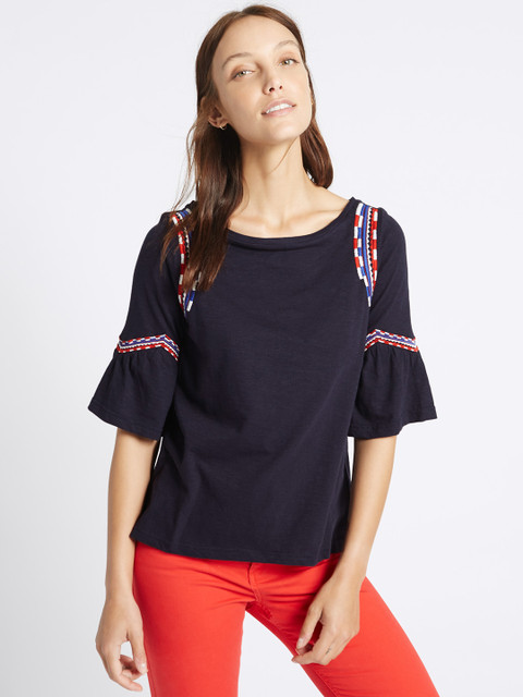 

Marks & Spencer Women Navy Embroidered Styled Back Top, Navy blue