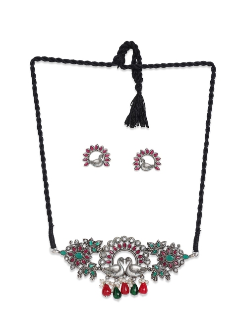 

Binnis Wardrobe Silver-Plated Green Stone Studded & Beadded Jewellery Set