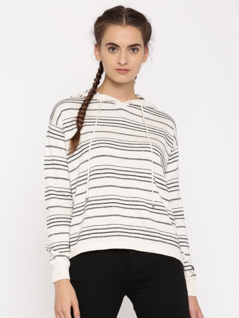 

Levis Women Cream-Coloured & Black Striped Hooded Sweatshirt