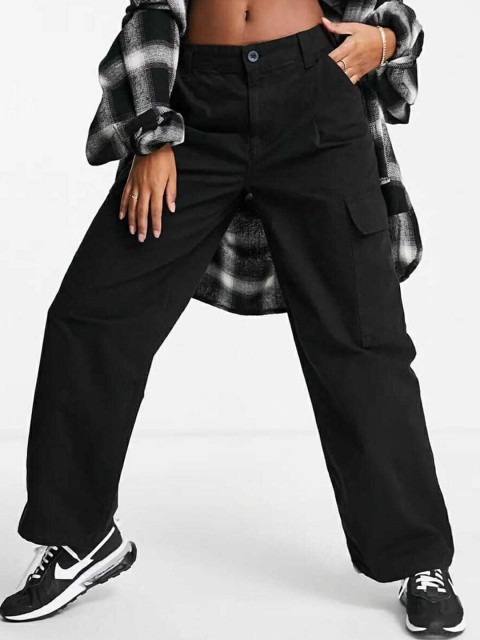 

BROADSTAR Women Black Relaxed Straight Leg Loose Fit High-Rise Cargos Trousers