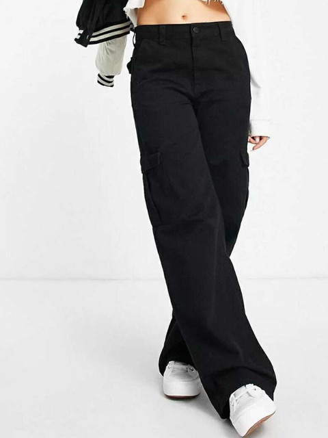

BROADSTAR Women Black Relaxed Straight Leg Loose Fit High-Rise Cargos Trousers