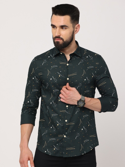 

Jean Cafe Men Green Cotton Premium Slim Fit Printed Casual Shirt